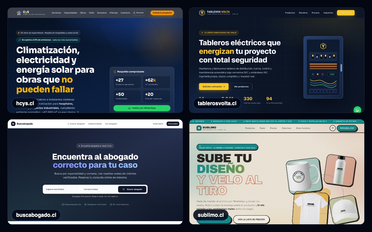 Páginas web hechas por NextSoft - hcys.cl, tablerosvolta.cl, buscabogado.cl, sublimo.cl